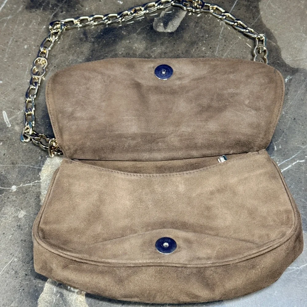 Escada Suede Shoulder Bag Womens Small Brown Gold Chain Strap Made in Italy